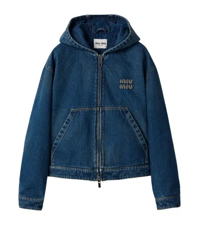 Miu Miu Denim Zip-up Hoodie In Blue
