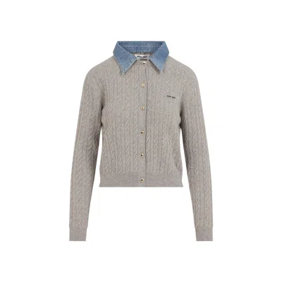 Miu Miu Denim-collar Cable-knit Cashmere Cardigan In Gray