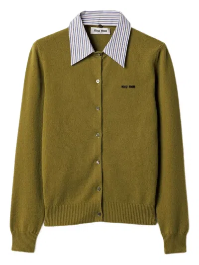 Miu Miu Cashmere Cardigan With Detachable Collar In Green