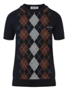 Miu Miu Cashmere Argyle Short-sleeve Sweater In Blue