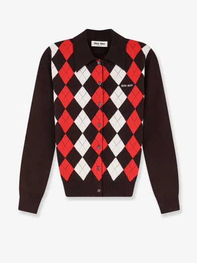 Miu Miu Diamond-patterned Cashmere Cardigan In Brown