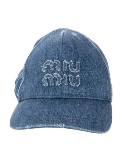 Pre-owned Miu Miu Distressed Denim Baseball Hat In Blue