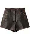 Miu Miu Distressed Leather Mini Shorts In Brown