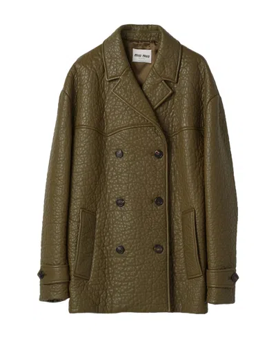 Miu Miu Double-breasted Nappa Leather Jacket In Green