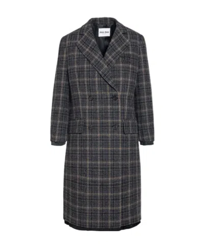 Miu Miu Double-breasted Plaid Coat In Black