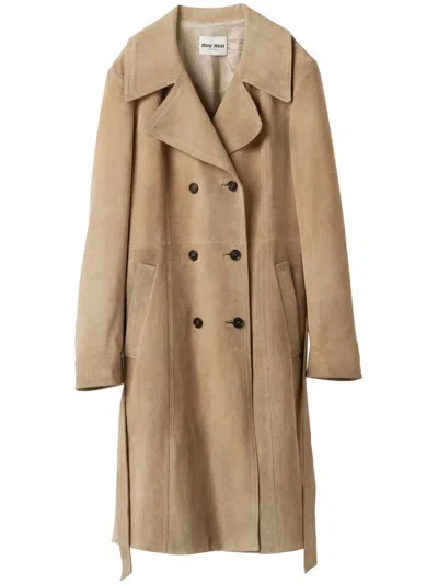 Miu Miu Double-breasted Suede Coat In Neutrals