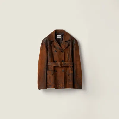 Miu Miu Double-breasted Waxed Suede Caban Jacket In Brown