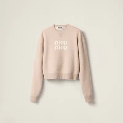 Miu Miu Double Cashmere Sweater With Logo In Sand Beige
