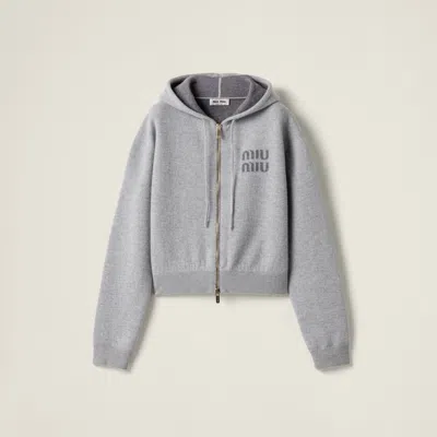Miu Miu Double Cashmere Zipper Hoodie Cardigan In Grey