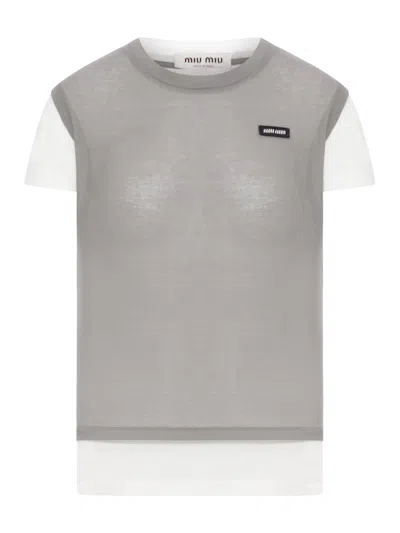 Miu Miu Double-layer Jersey T-shirt In Gray