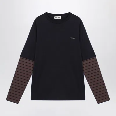 Miu Miu Double-layer Knit Top Blue/cocoa Women In Black