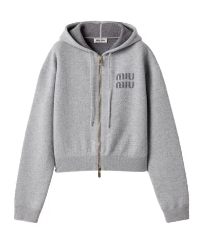 Miu Miu Double-sided Cashmere Zipper Hooded Cardigan In Gray