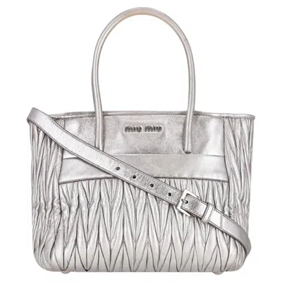 Pre-owned Miu Miu Double Zip Matelasse Metallic Leather Satchel Bag In Gray