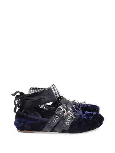 Pre-owned Miu Miu Double-buckled Self-tie Ballet Flats In Blue