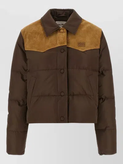 Miu Miu Down Jacket Crust Leather Top Drawstring Hem In Brown
