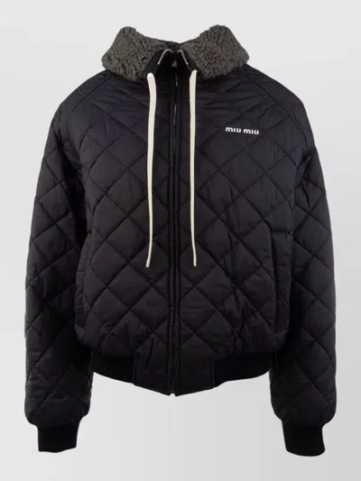 Miu Miu Down Jacket Shearling Collar Ribbed Cuffs In Black