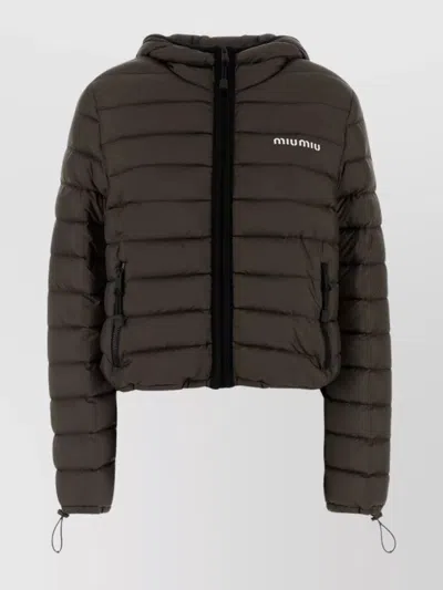 Miu Miu Down Jacket With Hood And Zip Pockets In Brown