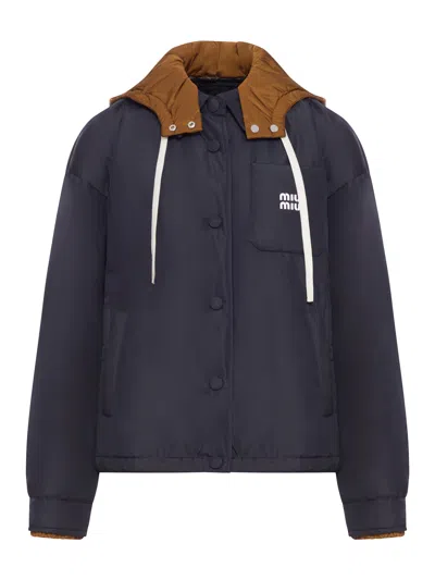 Miu Miu Down Jacket With Printed Logo In Brown
