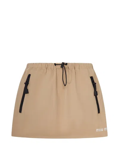 Miu Miu Cotton Gabardine Miniskirt With Drawstring In Brown