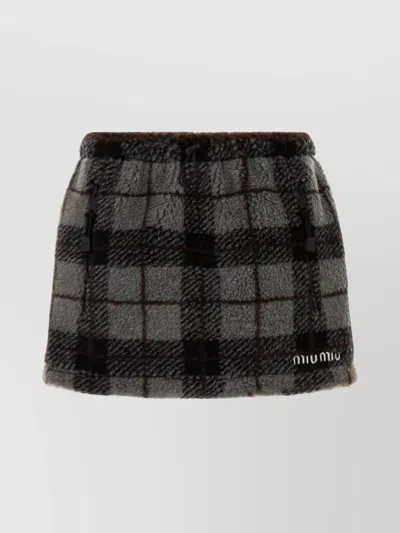 Miu Miu Drawstring Waist Fleece Checked Skirt In Black