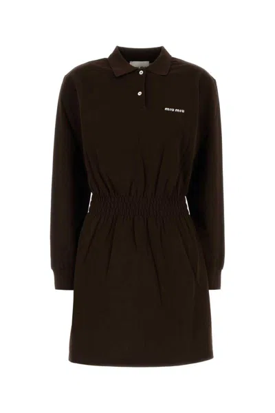 Miu Miu Long-sleeve Mini Polo Shirtdress In Brown
