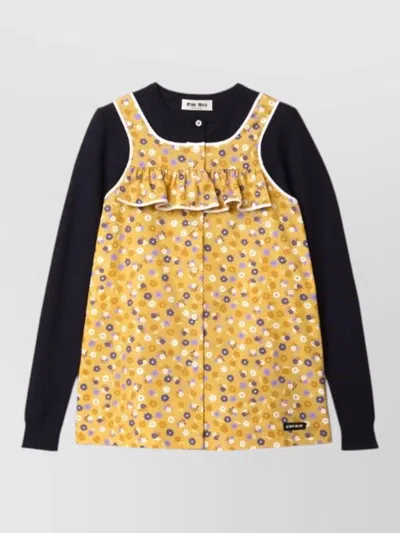 Miu Miu Dress Floral Pattern Ruffle Detail Contrast Trim In Yellow