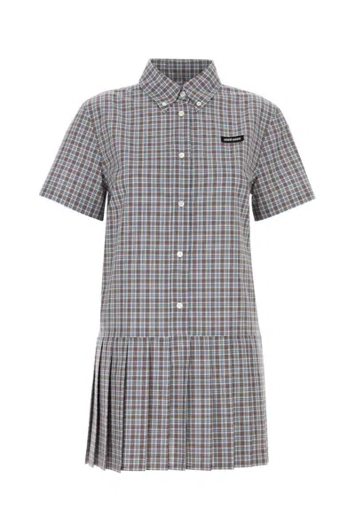 Miu Miu Women Embroidered Cotton Mini Shirt Dress In Gray