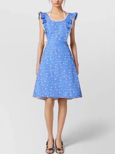 Miu Miu Dress Open Back Floral Pattern Ruffled Sleeves In Blue