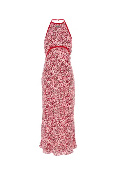 Miu Miu Long Floral Print Crepe De Chine Dress In Red