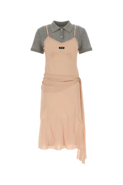 Miu Miu Draped Layered Dress Short Sleeves In Neutral