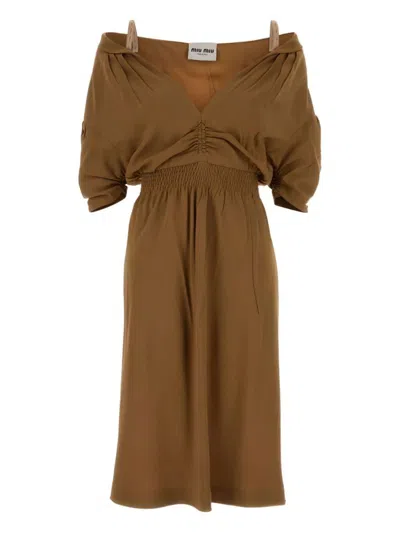 Miu Miu Off-shoulder Midi Dress Featuring Ruched Detail In Brown