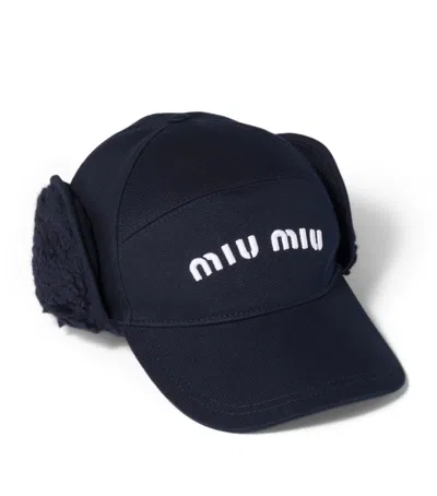 Miu Miu Drill And Fleece Baseball Cap In Blue