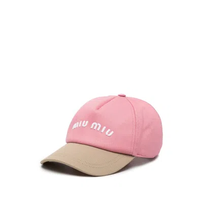Miu Miu Cotton Hat With Embroidered Lettering Logo In Pink