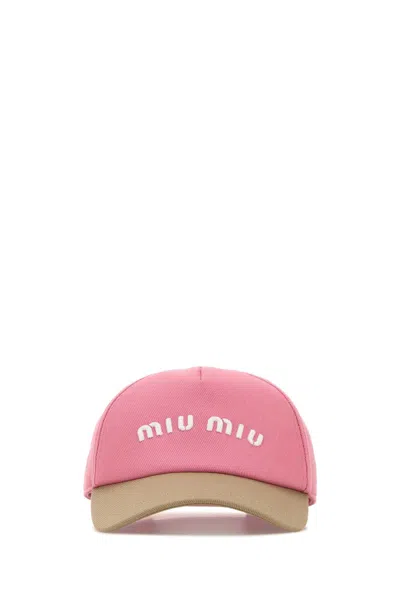 Miu Miu Drill Two-tone Logo Baseball Cap In Pink
