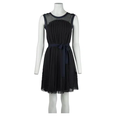 Pre-owned Miu Miu Early 2000s Midnight Navy Sheer Silk Chiffon Pleated Dress It38 In Blue