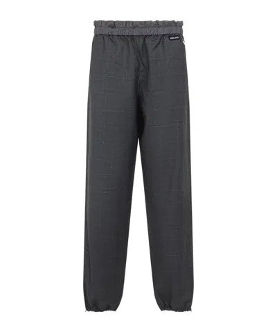 Miu Miu Checkered Drawstring Wool Pants With Elastic Waistband In Gray