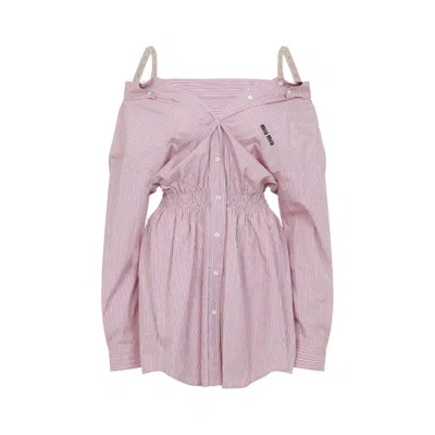 Miu Miu Elasticated Waistband Striped Shirt Mini Dress In Purple