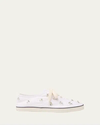 Miu Miu Crystal Embellished Low Top Canvas Sneaker In White