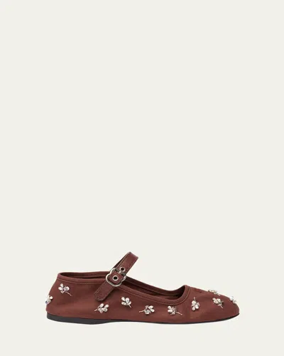 Miu Miu Embellished Canvas Mary Jane Ballerina Flats In Brown