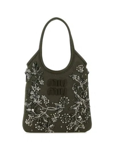 Miu Miu Verzierte Tote Bag Aus Canvas In Grün