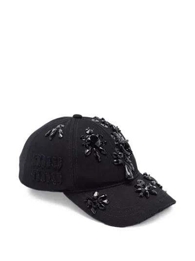 Pre-owned Miu Miu Embellished Denim Baseball Cap In Black