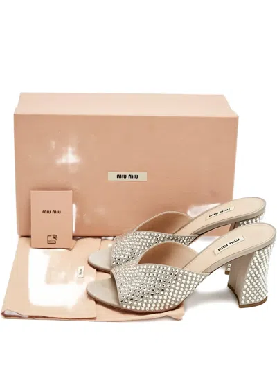 Pre-owned Miu Miu Embellished Heeled Sandals In Gray