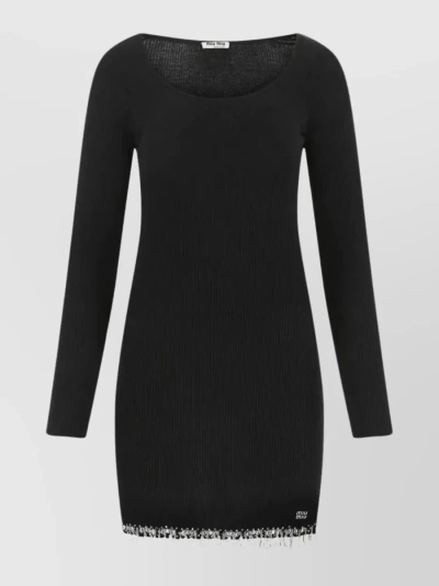 Miu Miu Embellished Hemline Cotton Mini Dress In Black