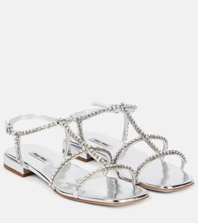 Miu Miu Embellished Leather Sandals In Argento