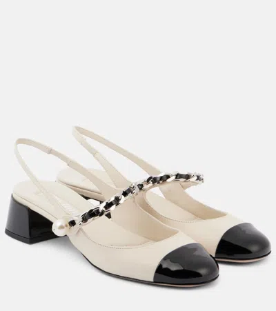 Miu Miu Embellished Leather Slingback Pumps In White