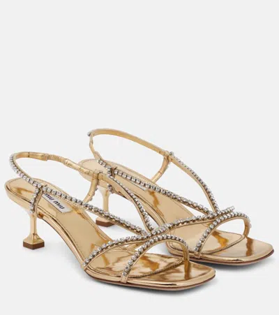 Miu Miu Embellished Metallic Leather Sandals In Gold