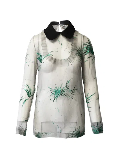 Pre-owned Miu Miu Embellished Ruffled Blouse In White