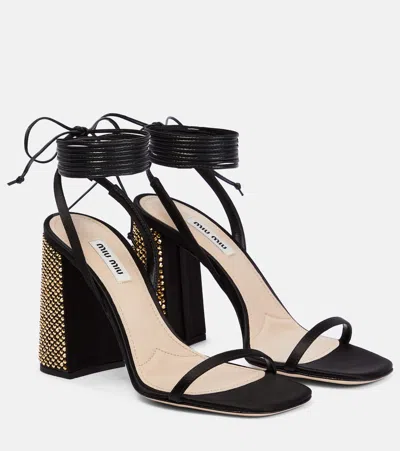 Miu Miu Embellished Satin Sandals In Nero+oro