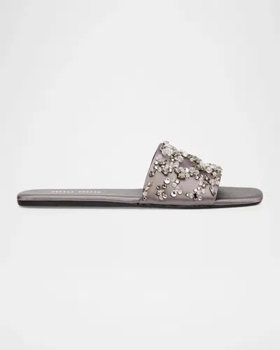 Miu Miu Embellished Satin Slide Sandals In Multi