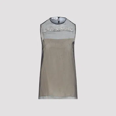 Miu Miu Embellished Sheer Mesh Sleeveless Top In Black